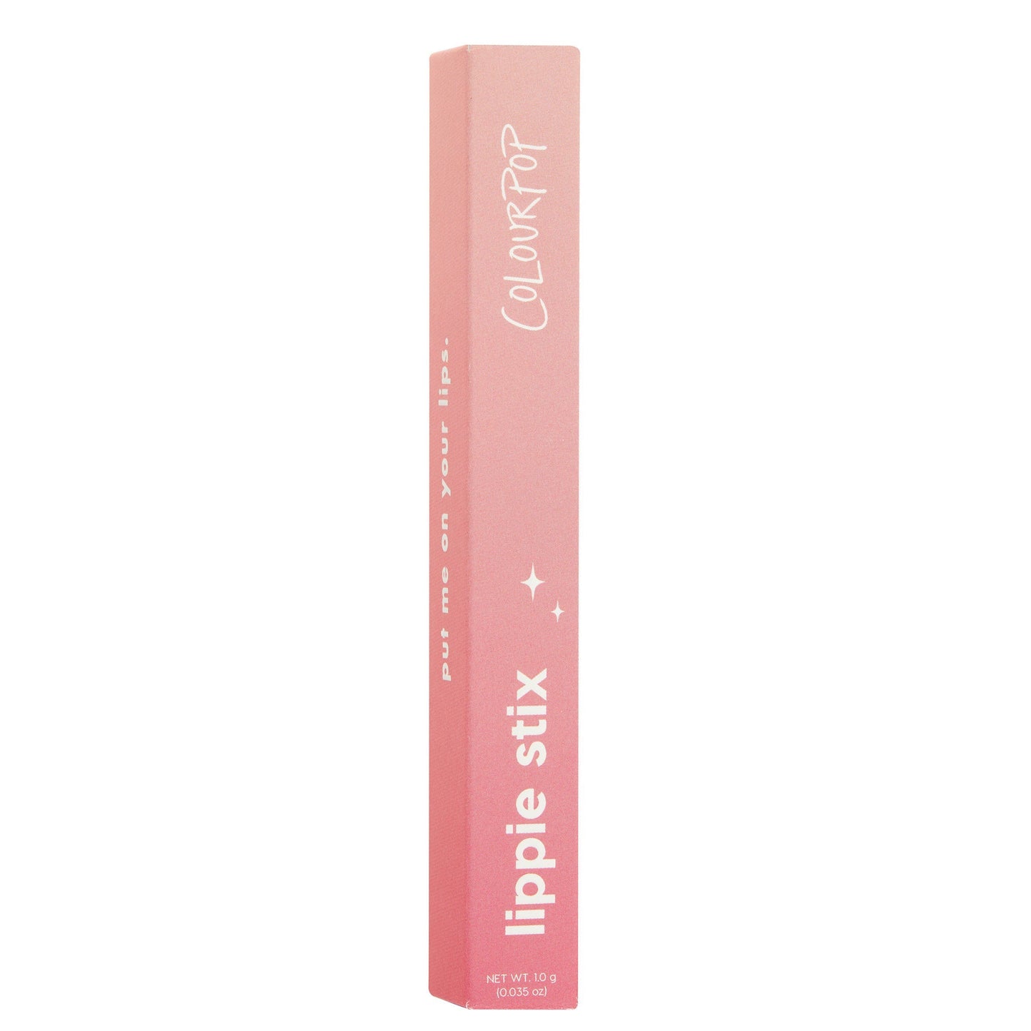 ColourPop Lippie Stix in I Heart This stands upright in a pink-to-peach gradient box with white “lippie stix” and “ColourPop” lettering and small star icons, 1.0 g (0.035 oz), set against a clean white background.