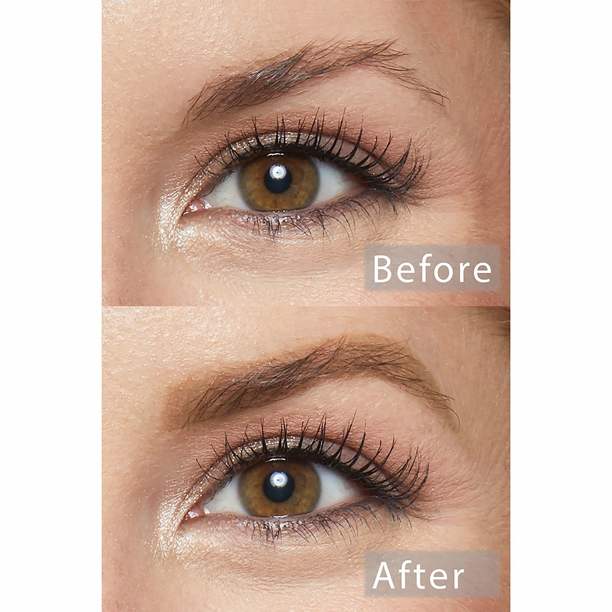 Black N' Brown Pencil filling and defining an eyebrow - top before shows sparse brow, bottom after shows fuller, sharper arch and natural brown finish; close-up eye comparison demonstrating ColourPop brow pencil results.