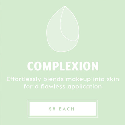 Complexion Blending Sponge blending foundation and concealer to a flawless finish, showcased on a mint-green promo card with a teardrop sponge line icon and $8 each price, part of ColourPop Makeup Tools & Accessories.