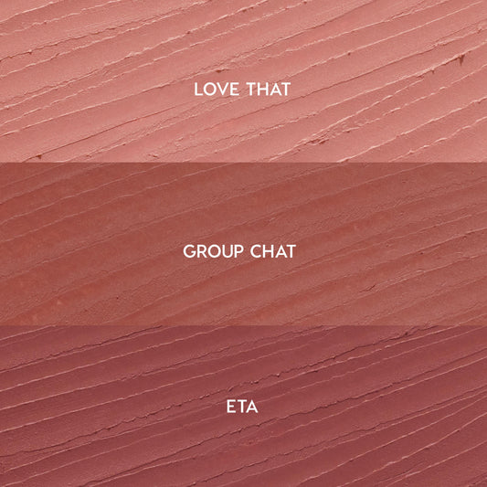 Creamy lip liner swatches show three shades for the Lips Don’t Lie ColourPop So Juicy Plumping Lip Liner Set - Love That (soft pink nude), Group Chat (warm rose), and ETA (mauve) - streaked in horizontal bands on a textured background.