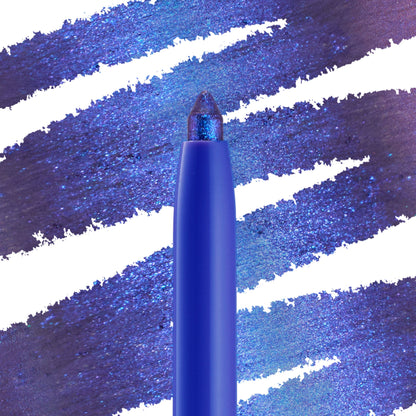 ColourPop Chrome Crème Gel Liner in Ventura Blvd shows its creamy twist-up tip, flashing multichrome blue‑violet‑teal shimmer, set against bold cobalt swatches on white to showcase smooth glide, rich payoff, and metallic finish.
