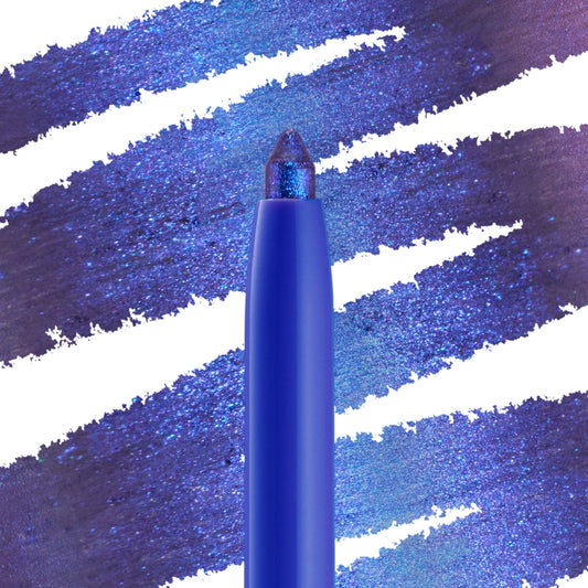 ColourPop Chrome Crème Gel Liner in Ventura Blvd shows its creamy twist-up tip, flashing multichrome blue‑violet‑teal shimmer, set against bold cobalt swatches on white to showcase smooth glide, rich payoff, and metallic finish.