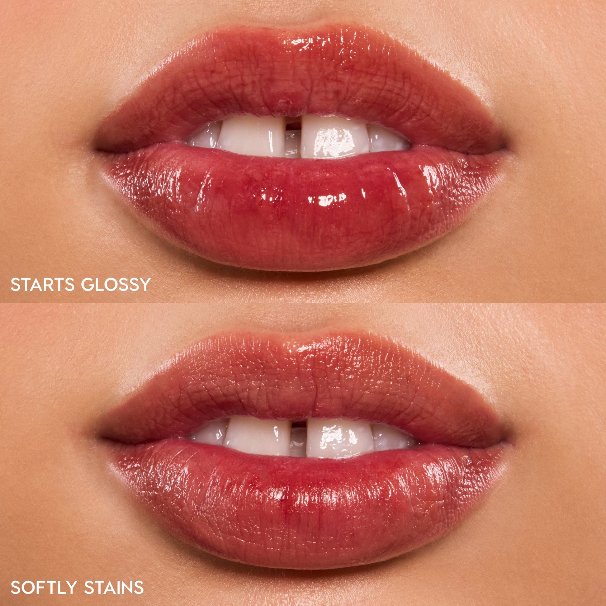 Baby Fox ColourPop Lip Stain swatched on lips - top shows glossy application with high shine, bottom shows the lasting stain - a sheer warm rosy-red tint in a close-up studio shot, showing a before-and-after finish comparison.