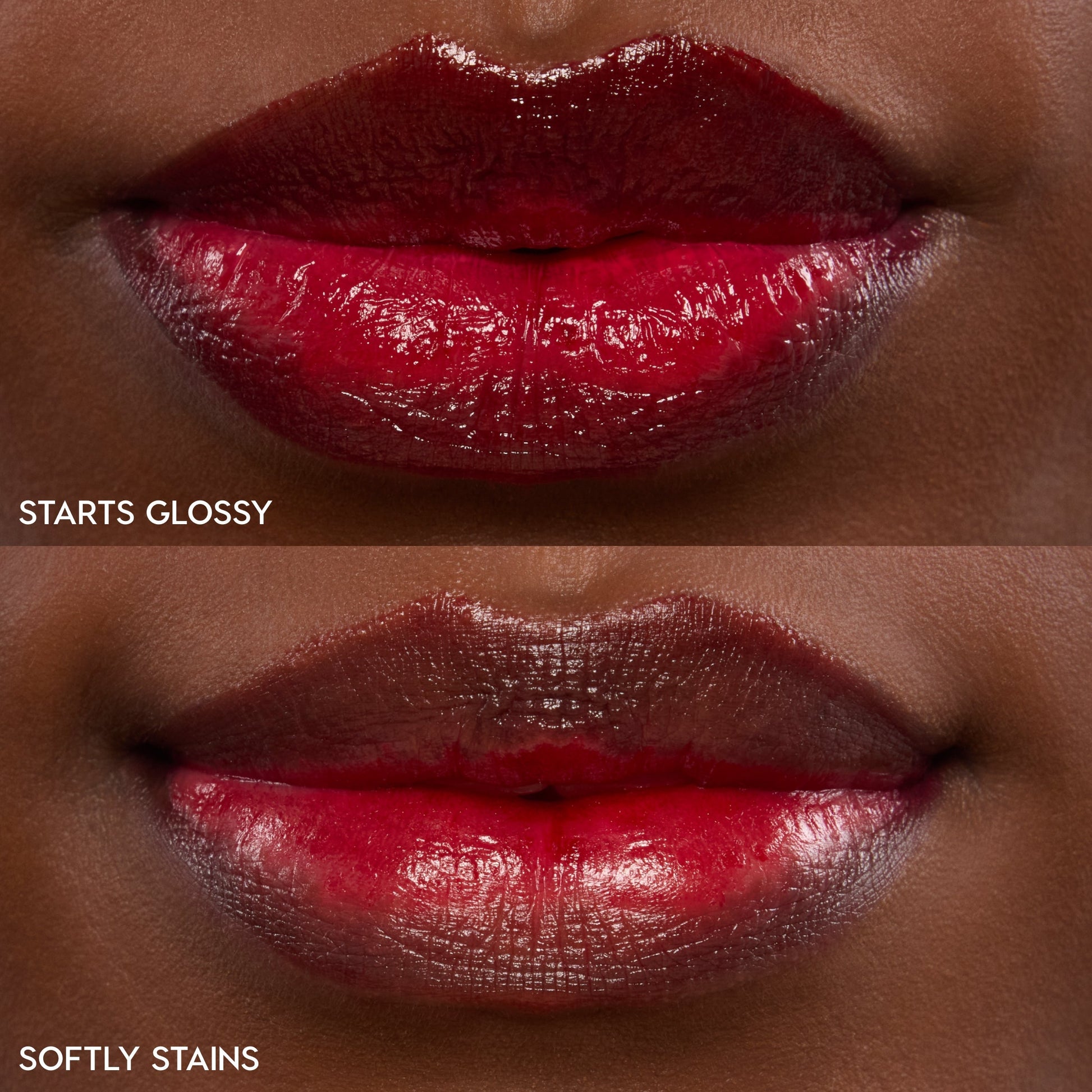 Fruit Punch ColourPop Lip Stain coating lips in a split macro swatch - top labeled Glossy shows a full-coverage, high-shine red, while bottom labeled Stain shows a sheer cherry tint after wear, highlighting shade payoff and finish comparison.