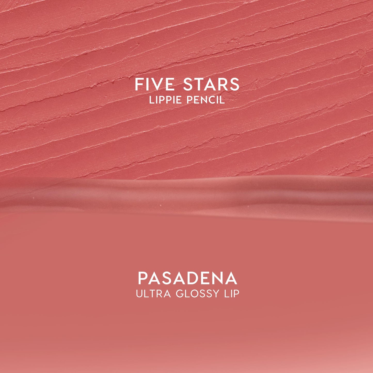 Dream Duo ColourPop Ultra Lip Duo swatches show Five Stars Lippie Pencil's matte rose-pink texture above Pasadena Ultra Glossy Lip's smooth shine, displayed as split swatches for shade reference on a clean background.