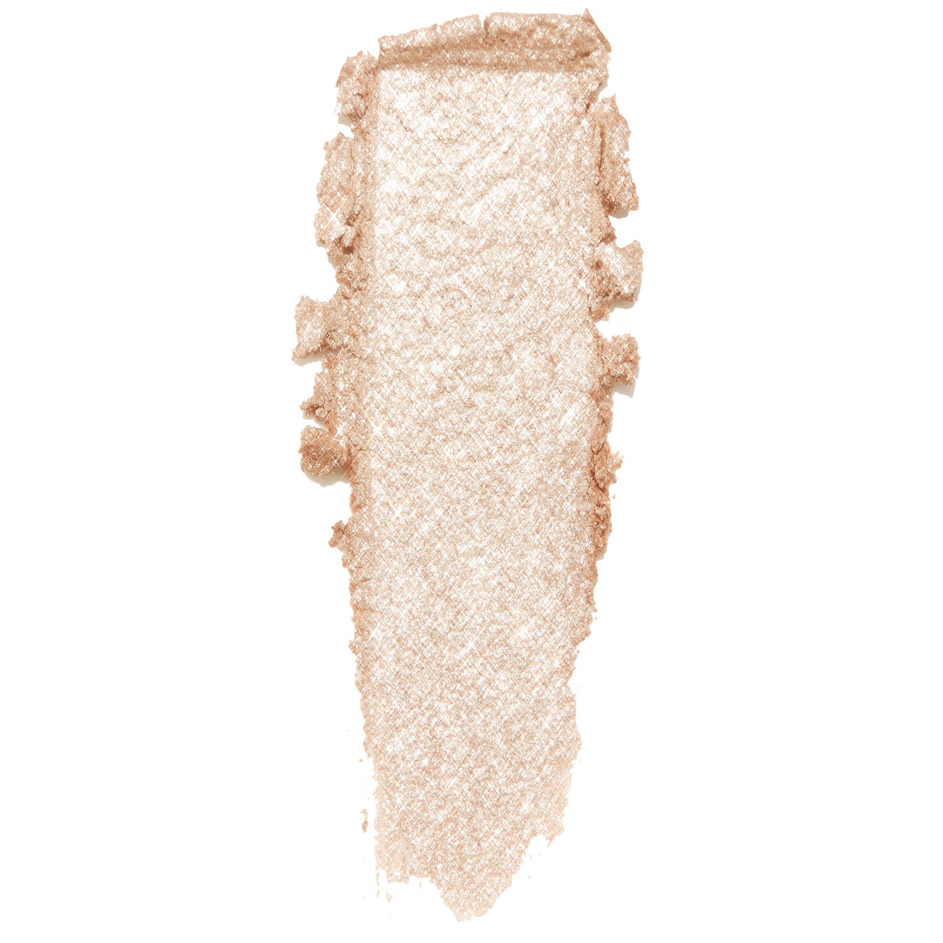 ColourPop Ladybird Super Shock Shadow swatch, a shimmering champagne‑beige with fine silver glitter, shown as a thick, creamy stroke highlighting metallic payoff and texture on a clean white background.