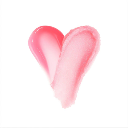Two pink lip formula swatches - one glossy hot pink, one frosty light pink - form a heart on a white background, showcasing the Merriest Pout Lip Set by Colourpop and highlighting the duo’s glossy tint and sugar‑like texture.