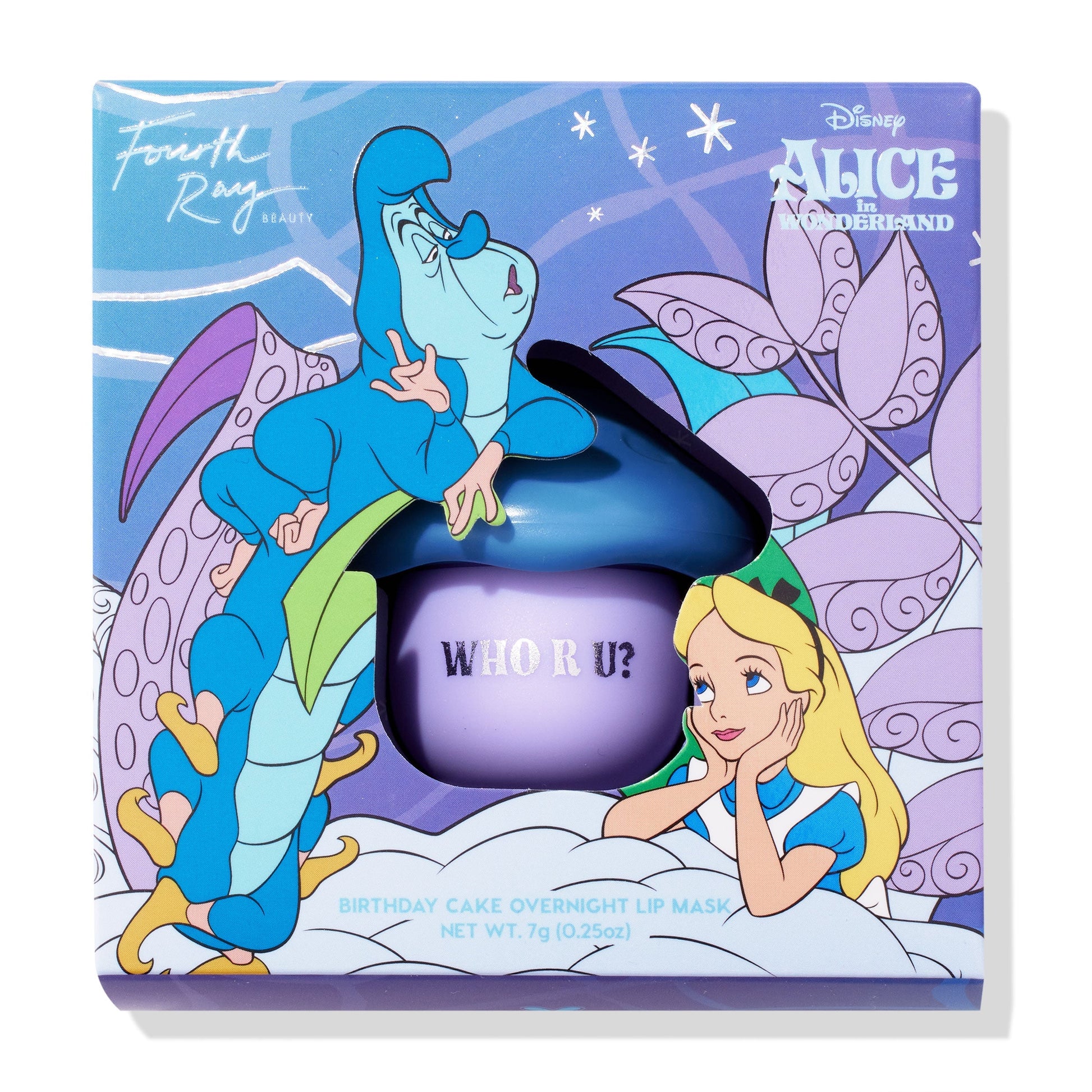 Pure Madness overnight lip mask jar sits in a die-cut window, “WHO R U?” on a purple pot; Alice and the Caterpillar art frame the Disney x Fourth Ray Beauty box, birthday cake scent, 7g (0.25 oz), hydrating ColourPop Lip Mask.