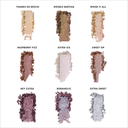 Sweet Sips Full Collection Set swatch grid showing nine shimmery Super Shock Shadow shades—Thanks So Mochi, Double Matcha, Whisk It All, Raspberry Fizz, Extra Ice, Sweet Sip, Hey Cutea, Bobaholic, and Extra Sweet—on a clean white background.