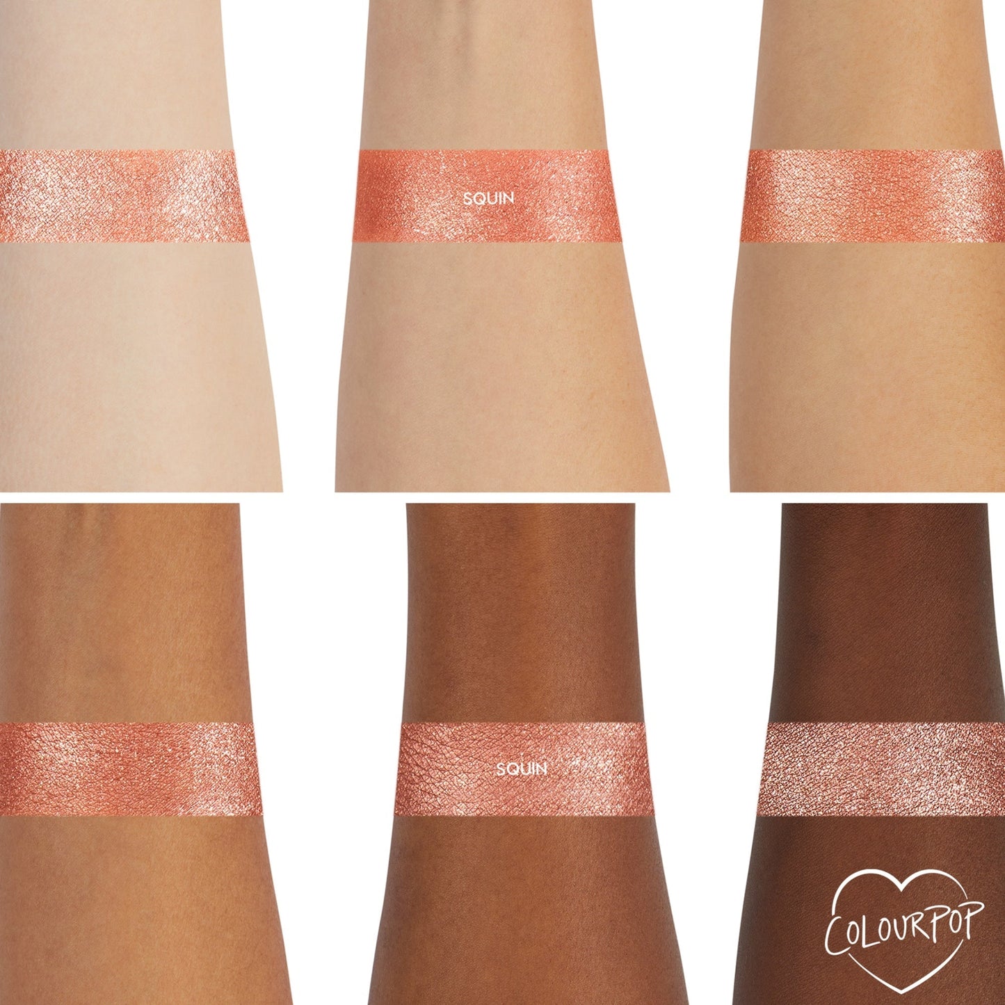 Sequin Super Shock Shadow swatch gleams across six forearms, showing smooth, opaque payoff on light to deep skin tones; a metallic rose‑gold copper shimmer band on each arm, with the ColourPop heart logo in the bottom right.