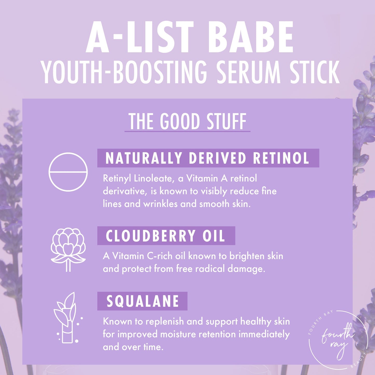 A-List Babe youth-boosting serum stick infographic showcases key benefits: naturally derived retinol (retinyl linoleate) to smooth fine lines, cloudberry oil to brighten, and squalane for moisture, on a lavender layout with Fourth Ray Beauty logo; ColourPop Serum Stick.