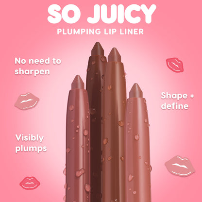 ColourPop So Juicy Plumping Lip Liner with Peptides in Westwood stands upright with a twist-up tip and dewy droplets, flanked by three nude shades; pink gradient backdrop reads SO JUICY with callouts: No need to sharpen, Visibly plumps, Shape + define.