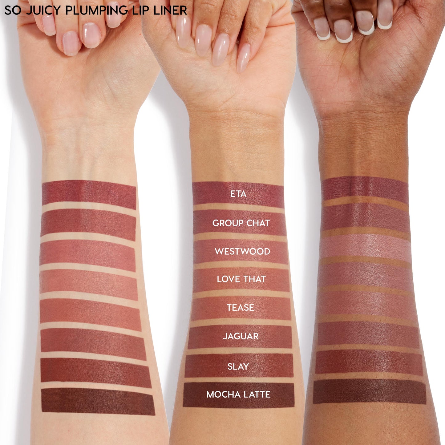 Three forearms in a row display swatches of ColourPop So Juicy Plumping Lip Liner with Peptides, including the Love That lip liner shade, showing how the creamy mauve and brown Lip Liner colors appear on different skin tones.