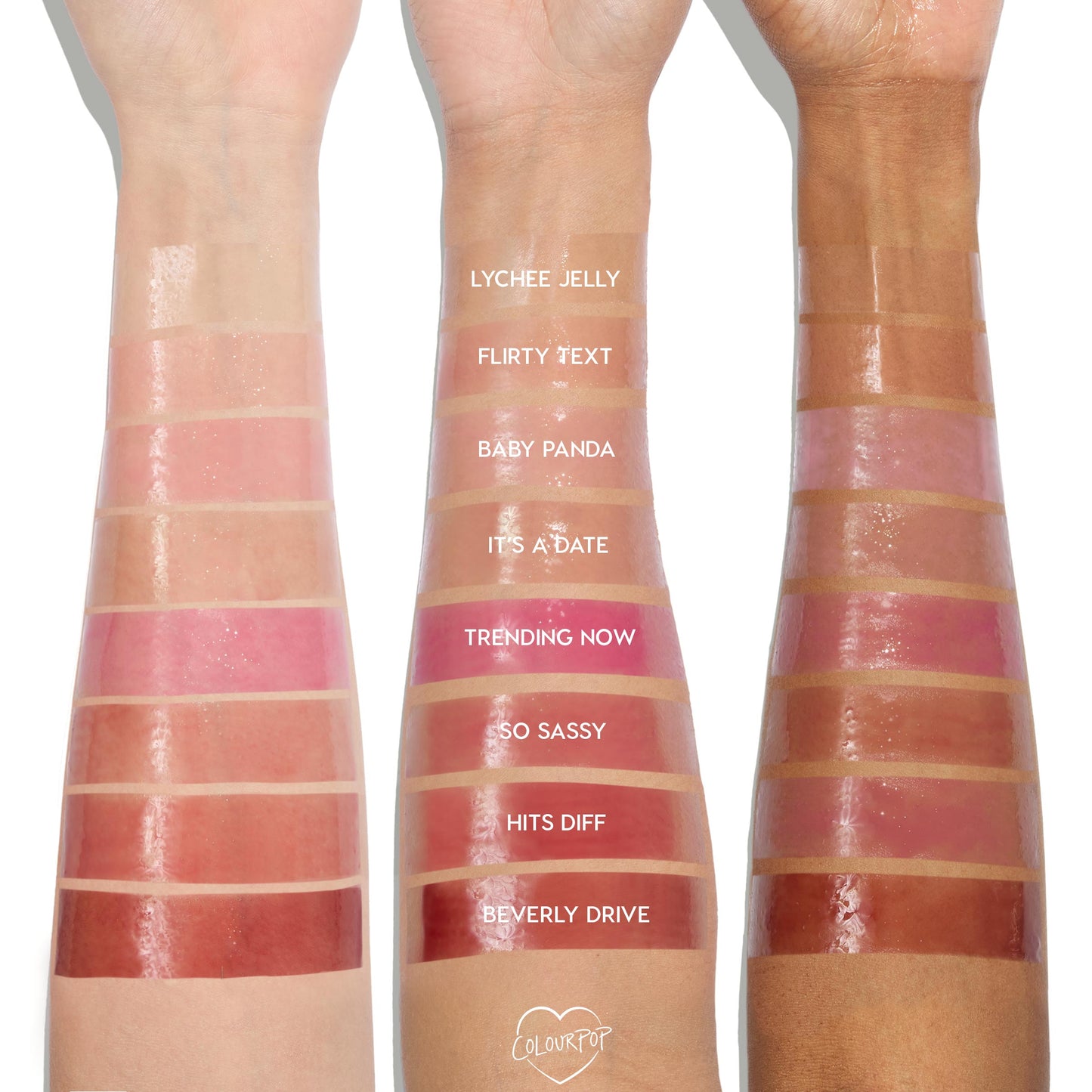 ColourPop So Juicy Lip Oil Set Juicy Moment swatches display glossy bands - Lychee Jelly, Flirty Text, Baby Panda, It’s a Date, Trending Now, So Sassy, Hits Diff, Beverly Drive - applied on three skin tones, studio lighting highlighting the high-shine finish.