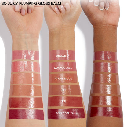 Glossy lip balm swatches on three arms in light to deep skin tones, showcasing ColourPop So Juicy Plumping Lip Liner & Balm Set, Go-To Lip shades: Dolled Up, Guava Glaze, Vacay Mode, Doe, PSL, and Berry Spritz, highlighting high-shine finish.