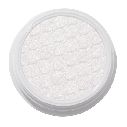 ColourPop Super Shock Shadow Tassel, a shimmering icy white cream-to-powder eyeshadow catching light across its quilt-textured pan inside a white round pot, shown in a crisp studio close-up on a white background.