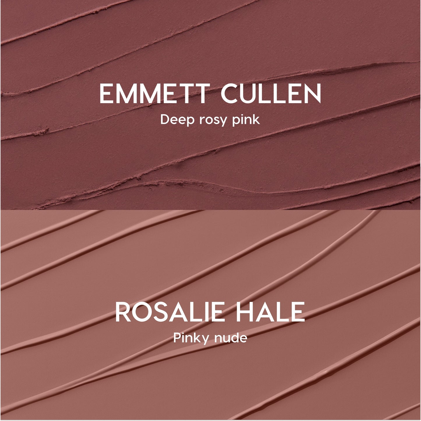 Opposites Attract Lippie Stix swatches showing two Twilight-inspired lip colors: Emmett Cullen in deep rosy pink on top and Rosalie Hale in pinky nude on bottom, both smeared in smooth diagonal strokes on a textured background.