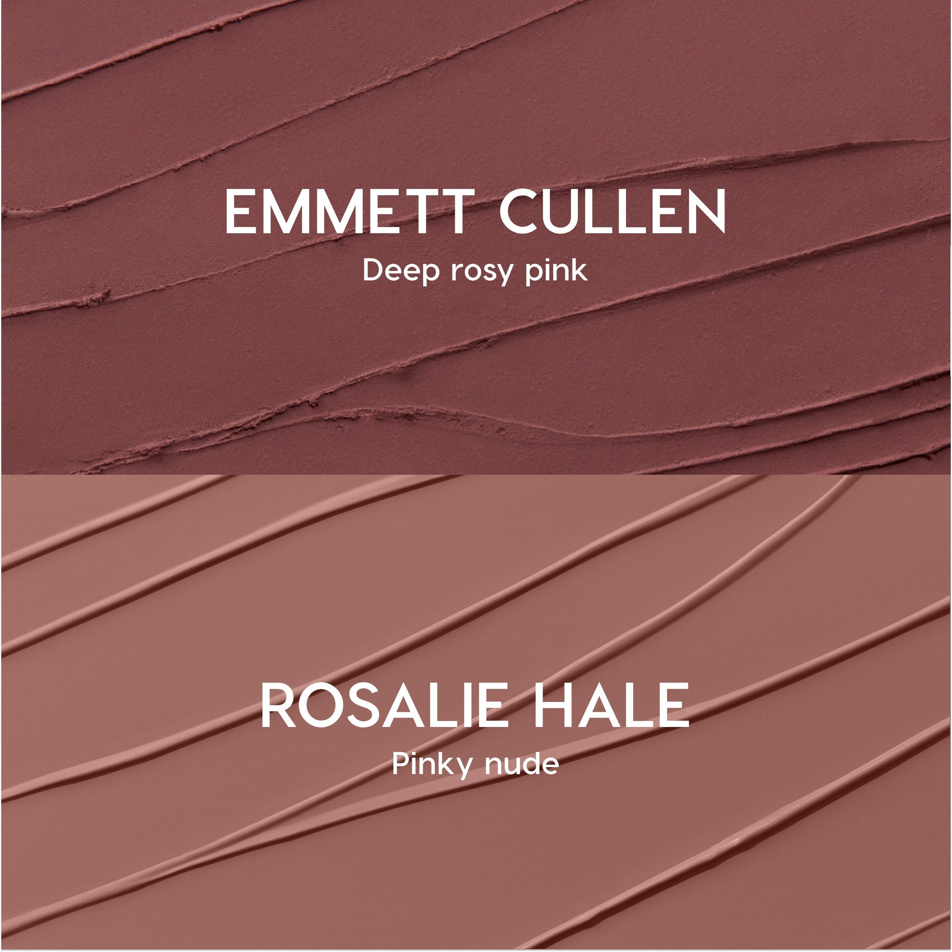 Opposites Attract Lippie Stix swatches showing two Twilight-inspired lip colors: Emmett Cullen in deep rosy pink on top and Rosalie Hale in pinky nude on bottom, both smeared in smooth diagonal strokes on a textured background.