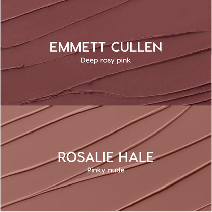 Opposites Attract Lippie Stix swatches showing two Twilight-inspired lip colors: Emmett Cullen in deep rosy pink on top and Rosalie Hale in pinky nude on bottom, both smeared in smooth diagonal strokes on a textured background.
