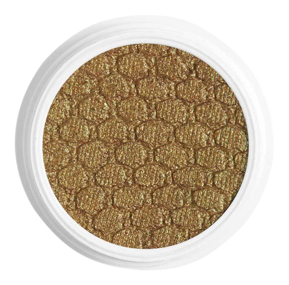 ColourPop Moonwalk Super Shock Shadow displaying a shimmery olive-gold, green-shift duochrome pan with a honeycomb texture, set in an open white jar, shown top-down on a clean white background.